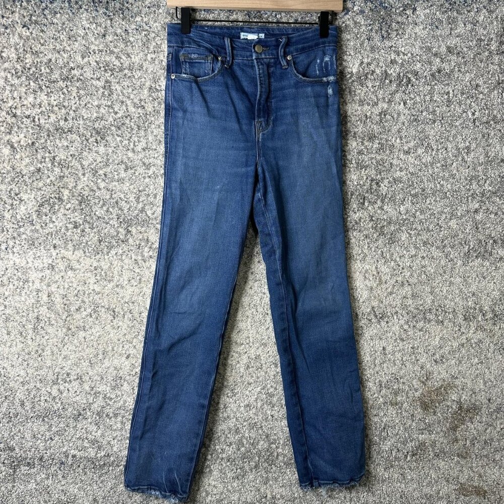 Good American Jeans Womens 0/25 Blue Skinny Raw Hem Distressed‎ Stretch Denim